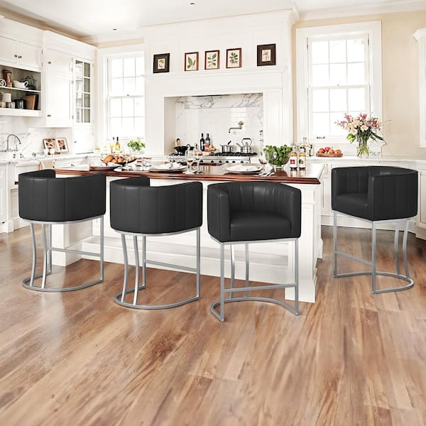LUE BONA Siska 26 in.Modern Black Fabric Upholstered Counter Stool with Silver Metal Frame Barrel Counter Bar Stool Set of 4