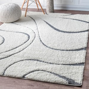 Carolyn Contemporary Curves Shag White 5 ft. x 8 ft. Oval Rug