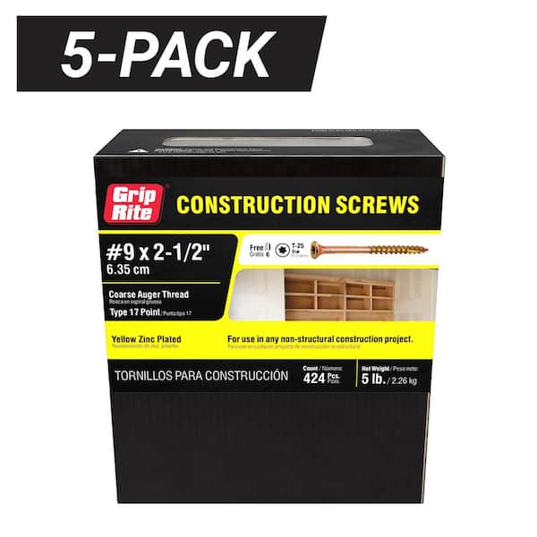 5-Pack, 9 x 2-1/2 in. Star Drive Flat Head Coarse Thread Construction Wood Screws (25 lb. / 2,120 piece)