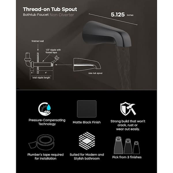 Master Plumber 197CMB Diverter Tub Spout – 1/2 NOM Slip-On, Matte Black Finish – Replacement For Copper Pipe Connections
