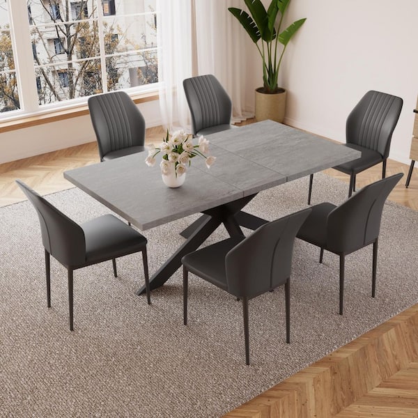 Modern 7-Piece Extendable Rectangle Gray MDF Top Dining Room Set Seating 4-6 People 66.9 in. with 6 Black Chairs