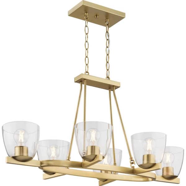 Tamassee Collection 6-Light Brushed Gold Updated Traditional Linear Chandelier with Clear Glass Shades for Dining Room