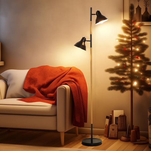TOZING 64 in. Modern Wooden Grain Finish 2-Light LED Energy Efficient Tree Floor Lamps with 2 Black Adjustable Horn Lamp Shapes