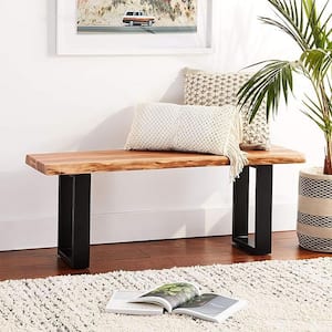 Alpine 48 in. Live Edge Acacia Wood Bench with Black Metal Base, Rustic Industrial Entryway or Accent Seating