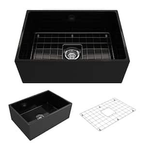 Contempo Farmhouse Apron Front Fireclay 27 in. Single Bowl Kitchen Sink with Bottom Grid and Strainer in Black