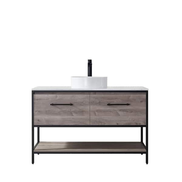ROSWELL 48.6 in. W x 22.2 in. D x 30.6 in. H Bath Vanity in Moxican Oak with White Stone Grain Composite Top and Vessel Sink