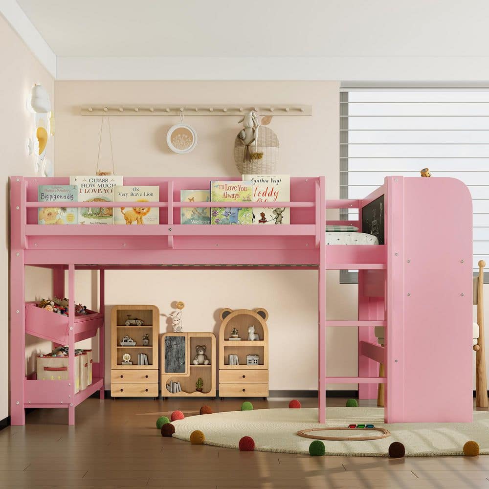 Noble House Josefa Pink Full Wood Loft Bed with Multi-Storage