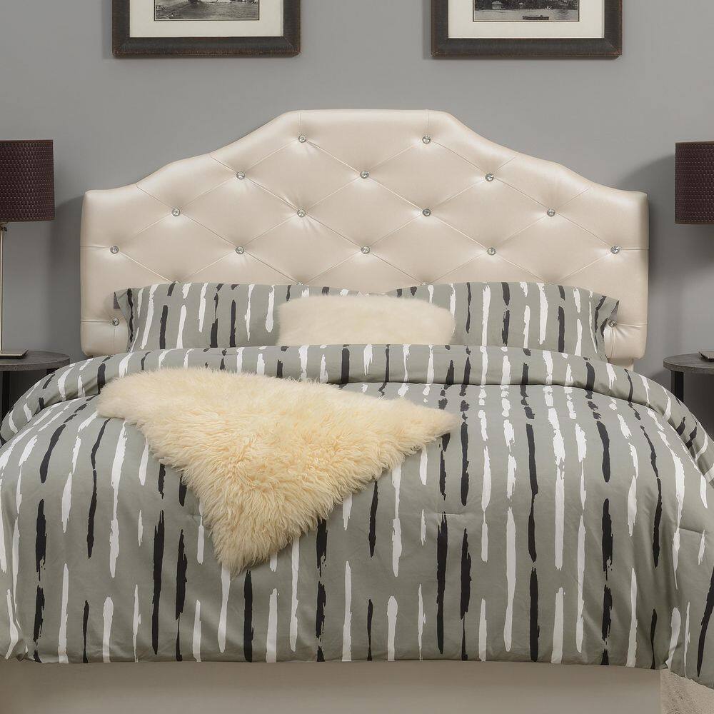 Pearl Faux Leather Tufted Queen Headboard with Crystal Buttons