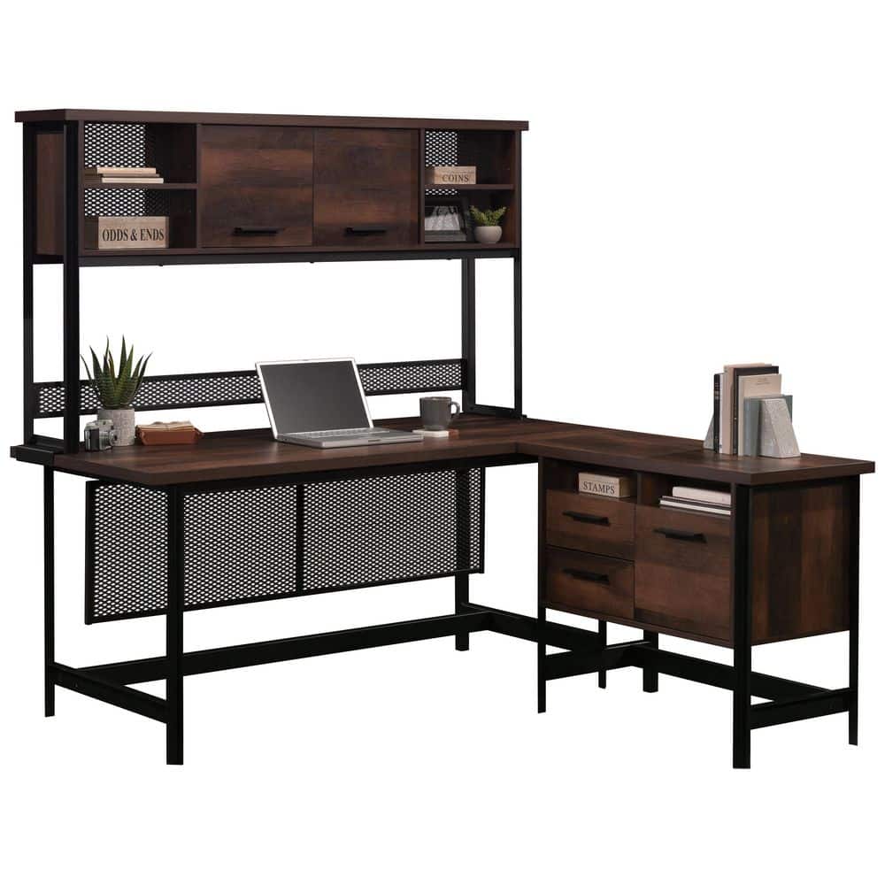 Brown Wood L-Shaped Corner Desk with Drawer and Filing Cabinet