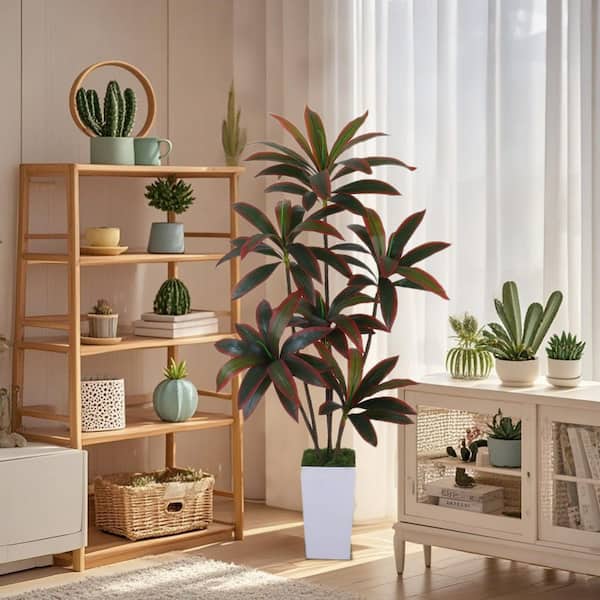 5 ft. Artificial Dracaena Plant Tree In White Pot, With Adjustable Branches And Leaves, Red