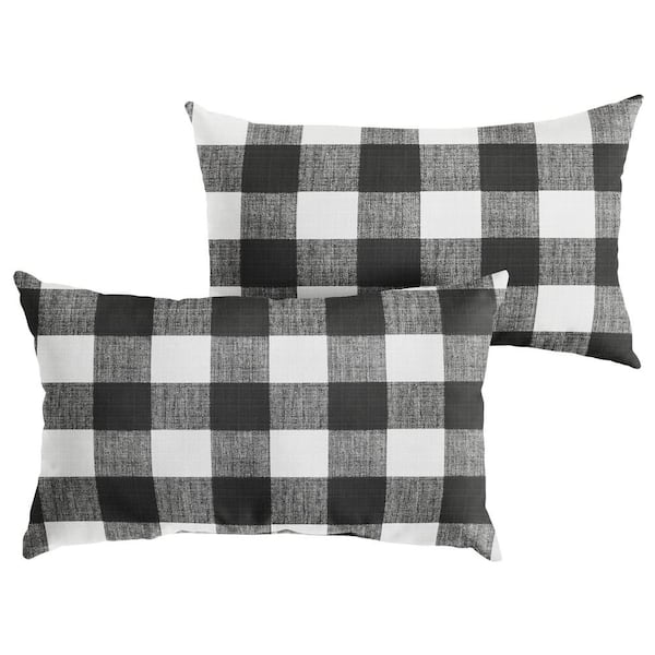 SORRA HOME Black Buffalo Plaid Rectangular Outdoor Knife Edge Lumbar Pillows (2-Pack)