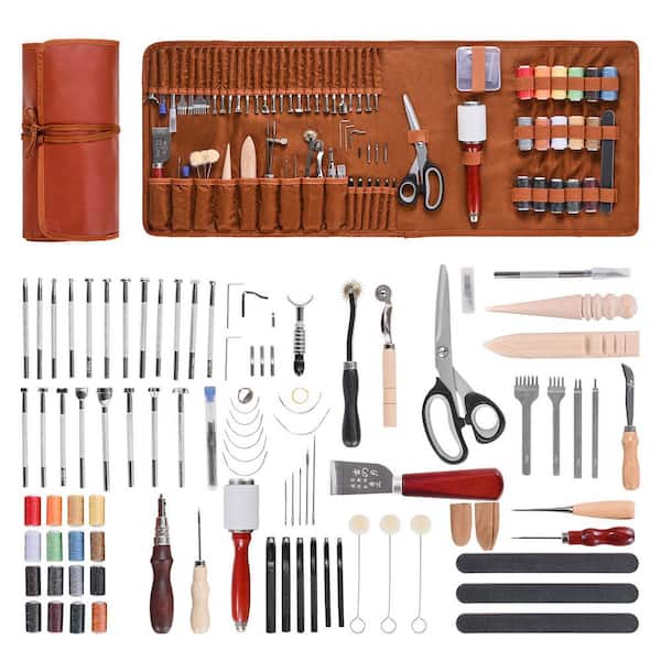 Leather Working Tools Kit, 92 PCS with Portable Leather Storage Bag, Engraving Punching Sewing Stamping Sanding Tools
