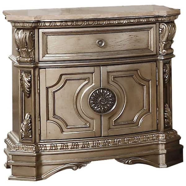 Benjara Gold Wooden 1 Drawer Nightstand with Floral Accents and 2 Door Storage