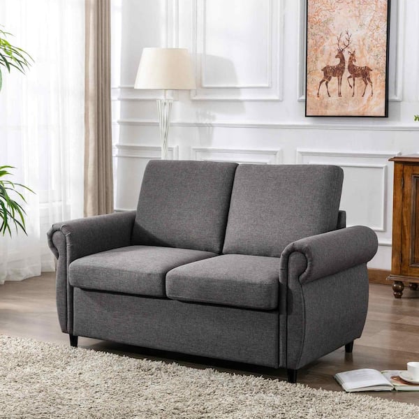 57.5 in. Square Arm Linen Rectangle Sofa with Twin Size Memory Mattress in Gray