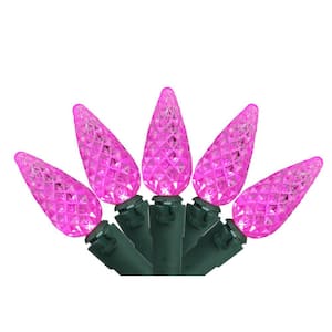 Set of 70 Pink LED C6 Christmas Lights with Green Wire