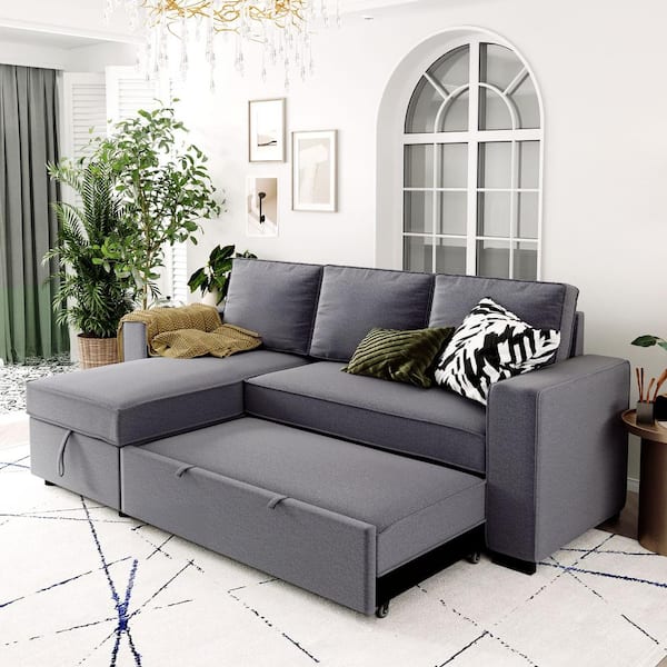 Magic Home 91 5 In Gray Polyester 3, Pull Out Storage Sectional Sleeper Sofa
