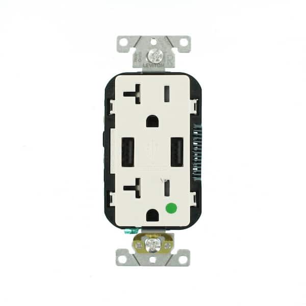 Leviton Decora 20 Amp Hospital Grade Tamper Resistant Duplex Outlet and 3.6 Amp USB Outlet, White T5832-HGW