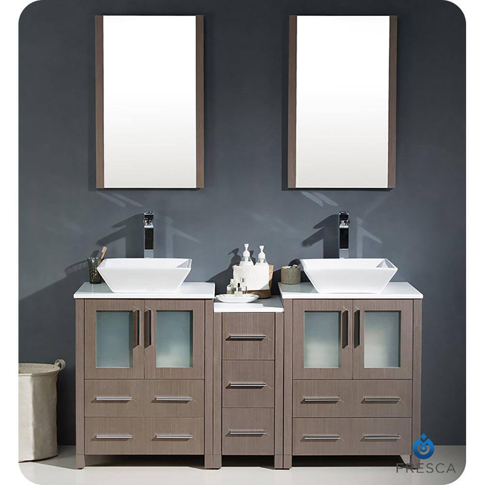 Gray Oak 60" Double Vessel Sink Freestanding Vanity with Ceramic Top