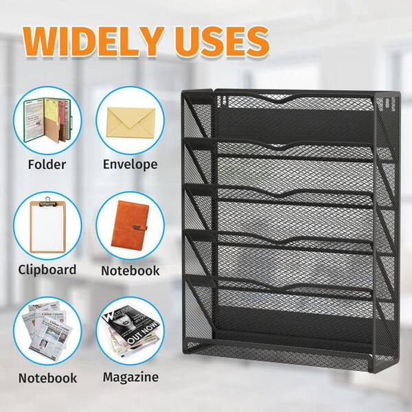 12.6 in. x 4.2 in. 6-Tier Black Metal Wall Magnetic Magazine Rack