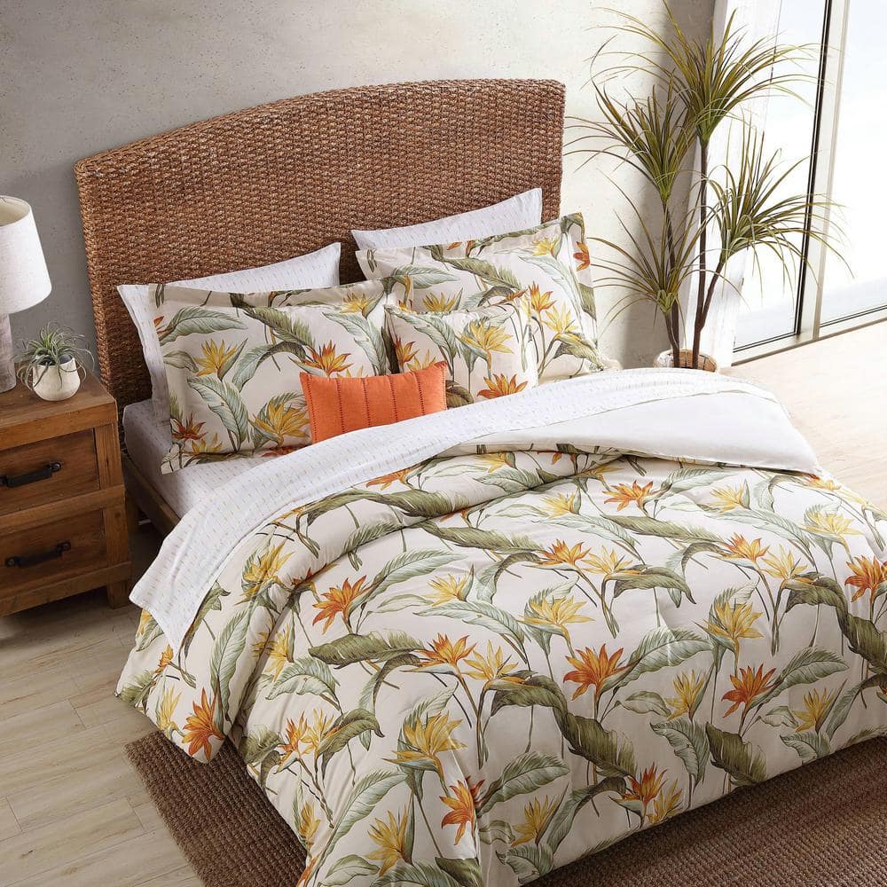 King Beige Cotton Tropical Palm Duvet Cover Set