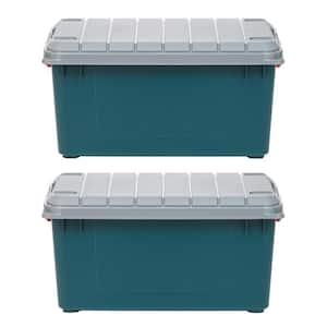 79 Qt. Stackble Storage Tote with Heavy-duty Red Buckles and Gray Lid, in Green, (2 Pack)