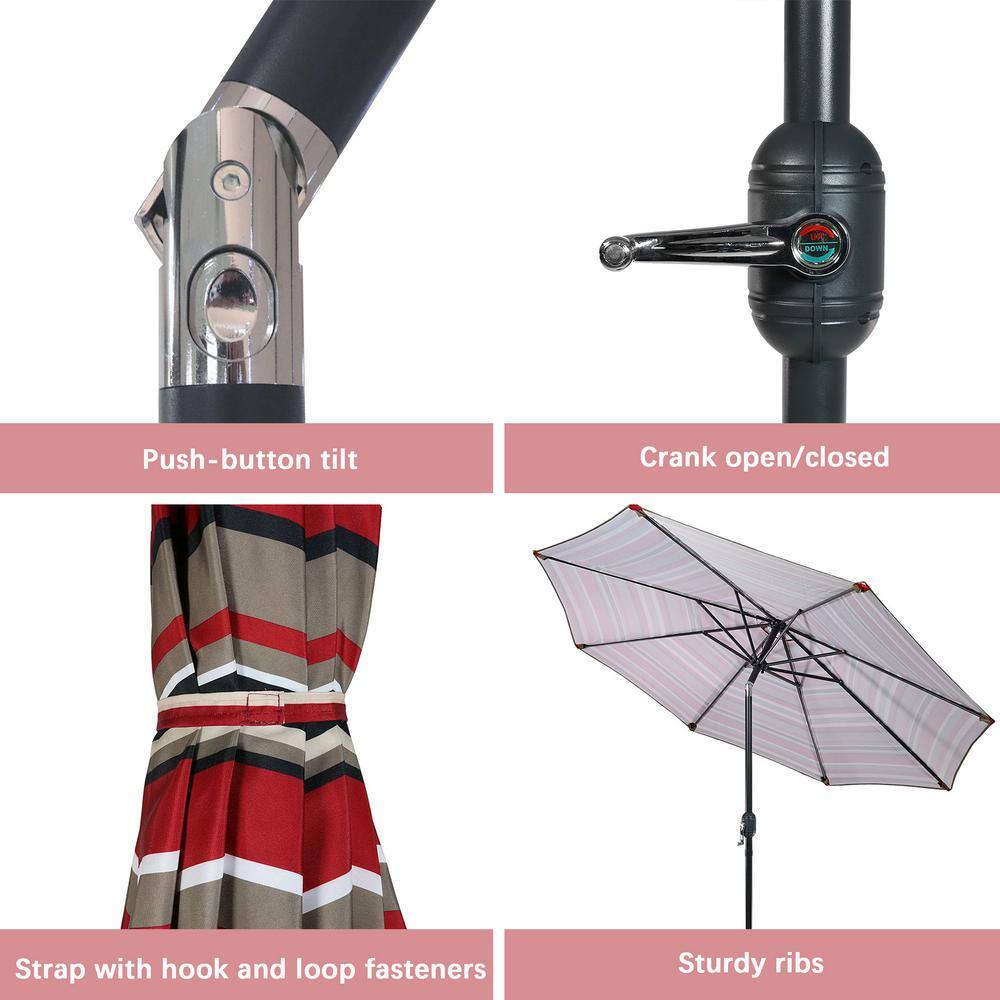 9' Awning Stripe Aluminum Market Umbrella with Solar LED Lights