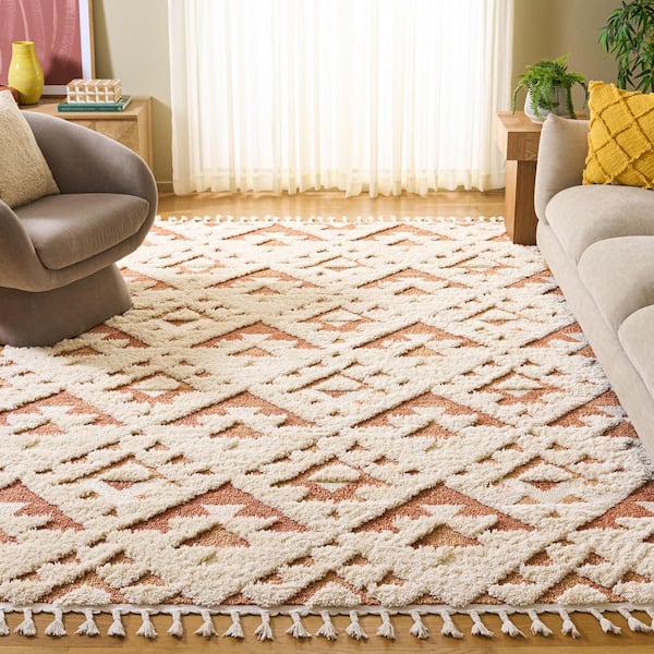 Moroccan Tassel Shag 10 ft. x 14 ft. Ivory/Brick Rust Tribal Area Rug