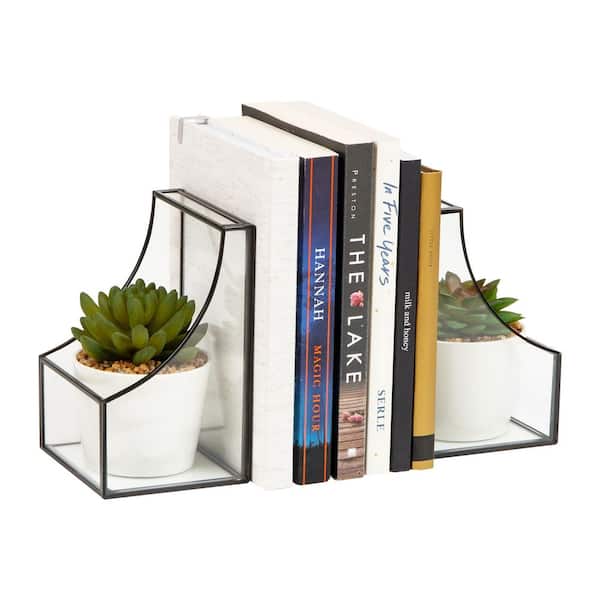 Black Terrarium Bookends Decorative Book Holders with Storage Glass Metal Set of 2