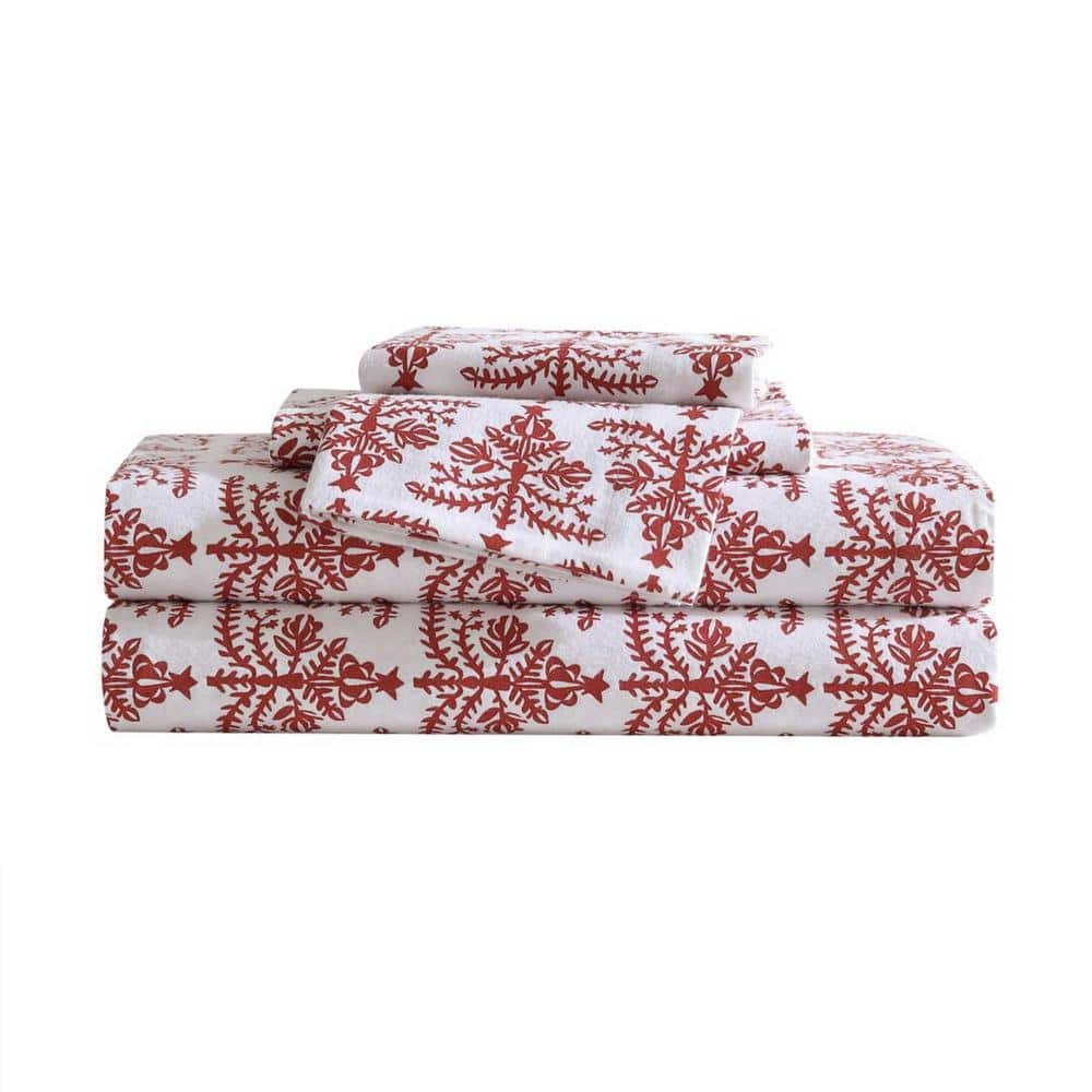 Eddie Bauer Jolly Trees 4-Piece Ivory/Red Flannel Queen Sheet Set