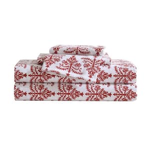 Jolly Trees 4-Piece Ivory/Red Flannel Queen Sheet Set