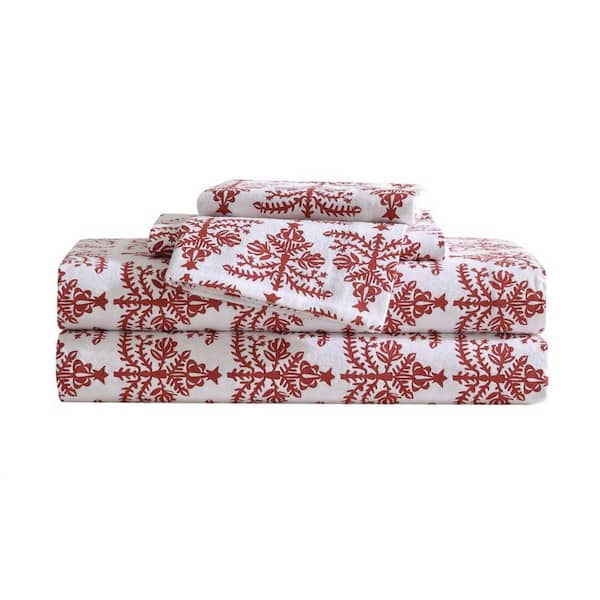 Eddie Bauer Jolly Trees 4-Piece Ivory/Red Flannel Queen Sheet Set