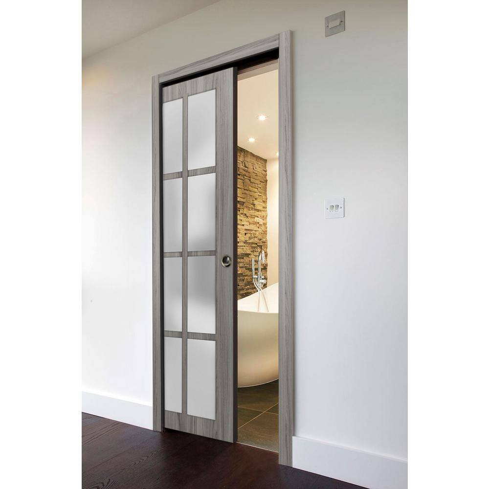 Gray 32 x 84 Inch French Pocket Door with Frosted Glass