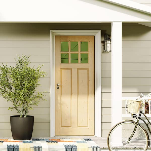 30 in. x 80 in. 6 Lite, Universal, Clear Glass, Solid Pine Wood, Light Brown Primed Wood Front Door Slab