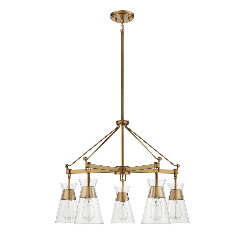 Lakewood 28" Warm Brass 5-Light Chandelier with Clear Glass Shades