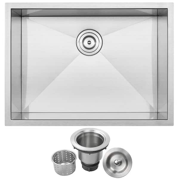 Ticor Pacific Zero Radius Undermount 16-Gauge Stainless Steel 26 in. Single Basin Kitchen Sink with Basket Strainer