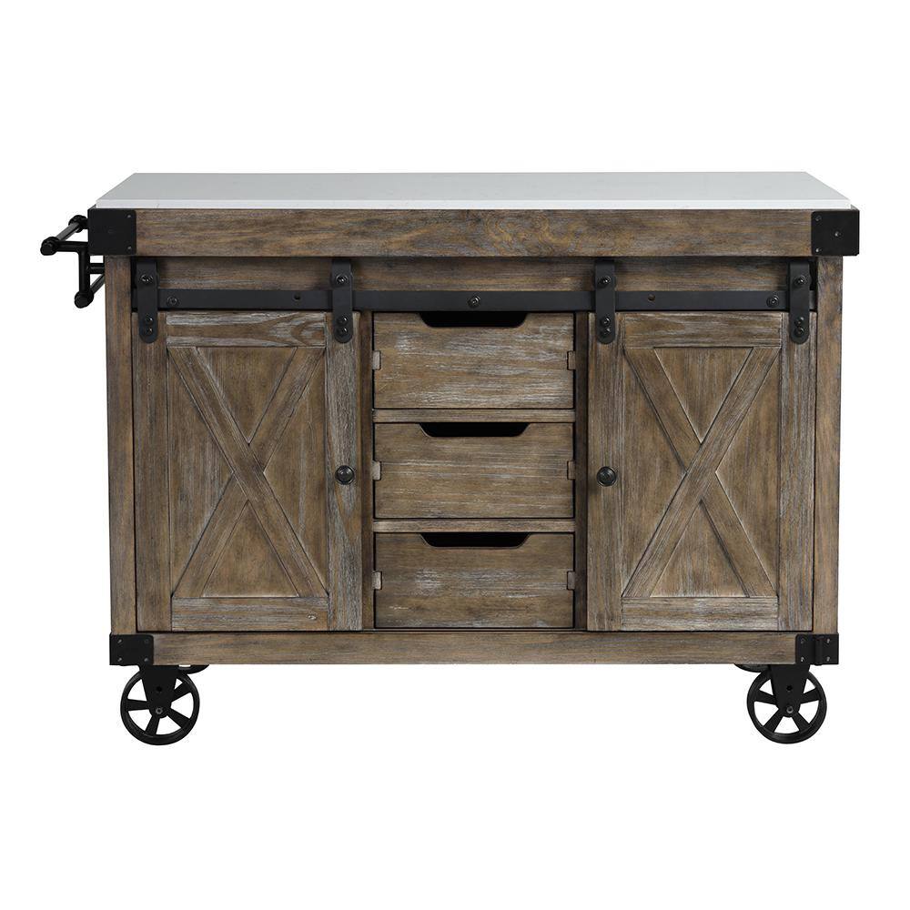Weathered Gray Pine Kitchen Island with Marble Top