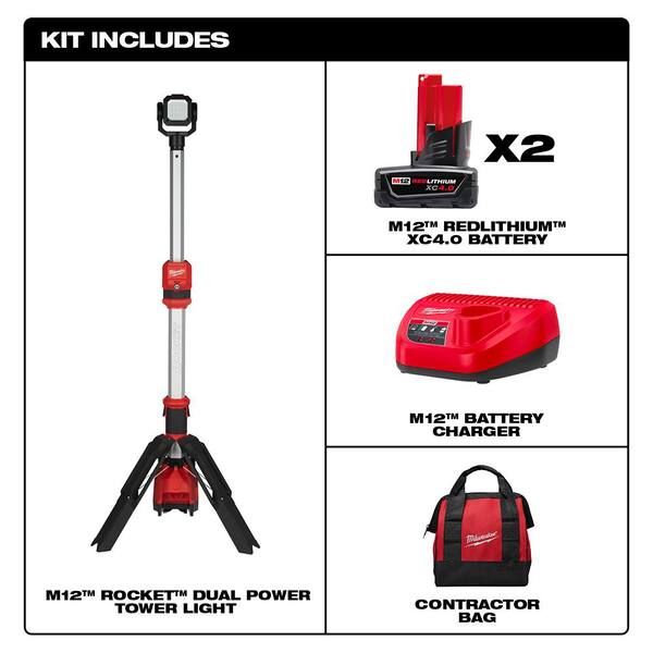 Milwaukee - M12 12-Volt Lithium-Ion Cordless 1400 Lumen ROCKET LED Stand Work Light Kit W/ Two 4.0 Ah Batteries, Charger and Bag
