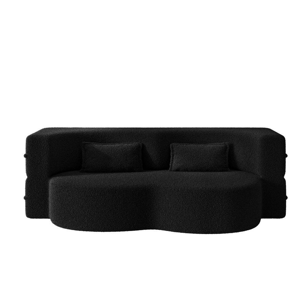 Front view of a black teddy fabric square arm sofa on a white background.