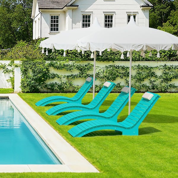 Aruba Blue HDPS Plastic Outdoor Chaise Lounge UV Protection Waterproof Pool Lounge Chairs with Headrest Set of 4