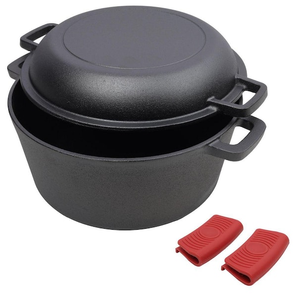 2 in 1 5 qt. Pre-Seasoned Cast Iron Round Dutch Oven With Dual Handles and 2pcs Silicone Handel Covers, Outdoor Camping