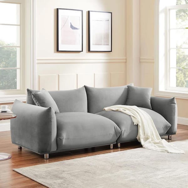 Monland 89 in. Round Arm Velvet Upholstery Mid-Century Modern Rectangle Chaise Deep-Seated Oversized 3-Seaters Sofa Light Grey