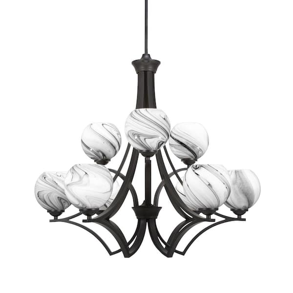 Unbranded Clevelend 9-Light Matte Black Chandelier, Round Chandelier with 5.75 in. Onyx Swirl Glass Shades, No bulbs included