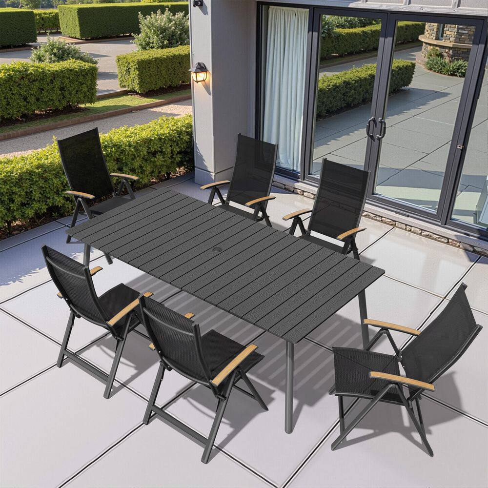 7-Piece Black 82.7 in. Aluminium Wood-Like Rectangle Outdoor Dining Set with Umbrella Hole and Foldable Recliner Chairs price history on PriceWatchPro