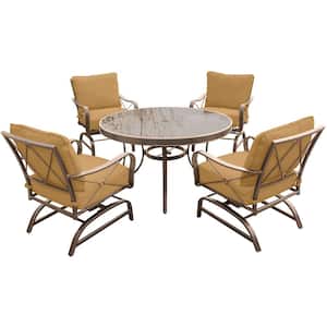 Summer Nights 5-Piece Outdoor Dining Set with Round Glass-Top Table and Steel Rockers with Desert Sunset Cushions