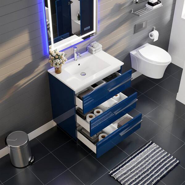 Eviva Olivia 24 in. W x 14 in. D x 34 in. H Bath Vanity in Blue with Single Sink and White Porcelain Top