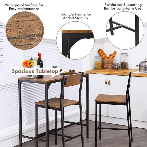 Costway 3-Piece Rectangle Brown Wood Top Bar Table Set Costway 3-Piece Rectangle Brown Wood Top Bar Table Set
