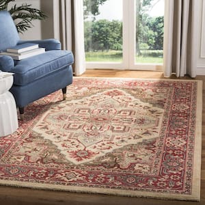 Mahal Cream/Red 7 ft. x 7 ft. Border Geometric Medallion Floral Square Area Rug