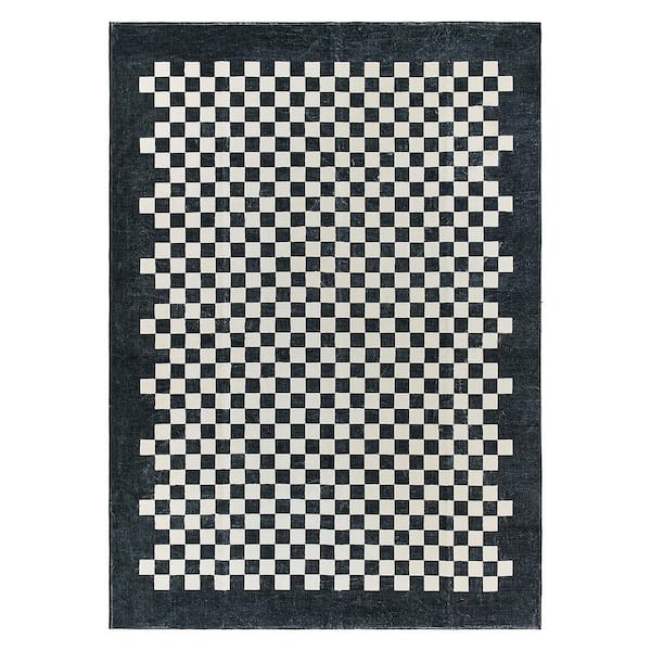 Contemporary Checkered Border Washable Non Slip Black 5 ft. x 7 ft. Area Rug