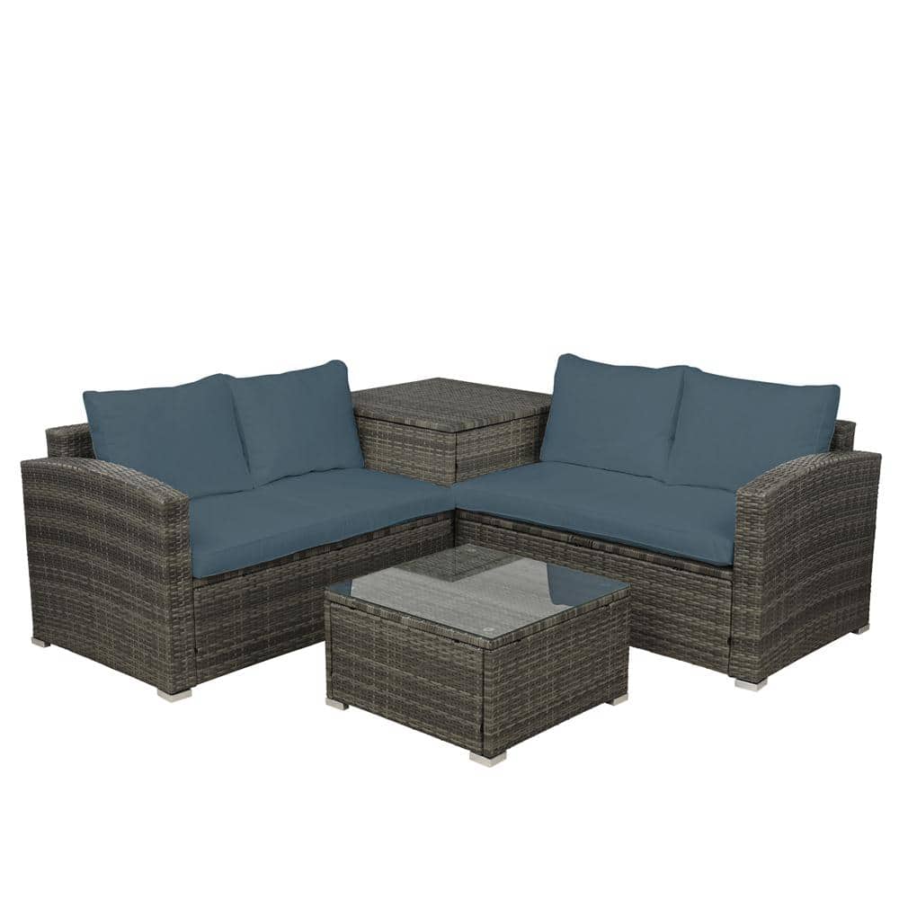 Brown 4-Piece Wicker Outdoor Garden Patio Furniture Sectional Set with Gray