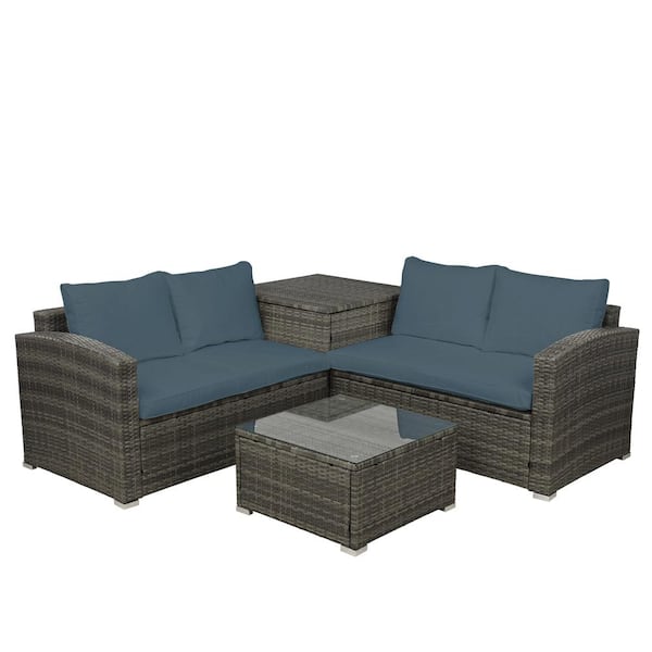 Unbranded Brown 4-Piece Wicker Outdoor Garden Patio Furniture Sectional Set with Gray Cushion